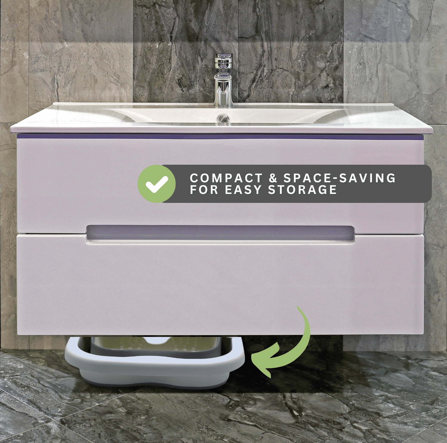 Compact collapsible foot spa bath stored under bathroom sink to save space