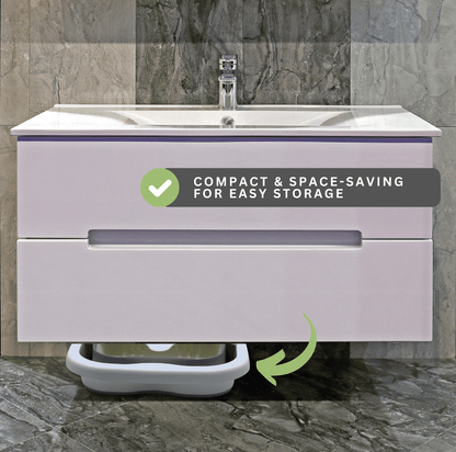 Compact collapsible foot spa bath stored under bathroom sink to save space