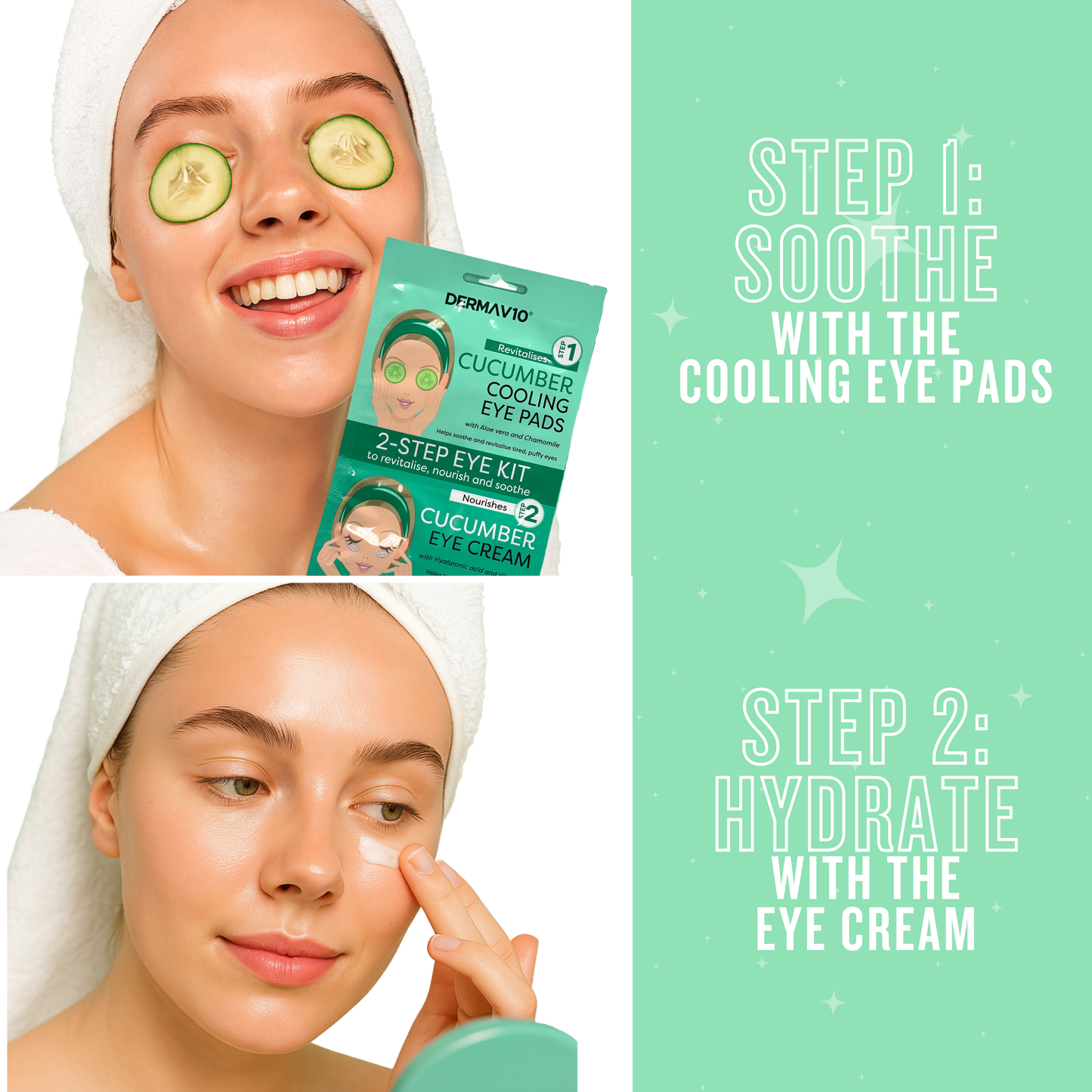 Model wearing cucumber cooling eye pads and applying eye cream for soothing and hydrating under eye care