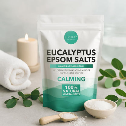 Eucalyptus epsom salts calming soak for tired muscles displayed in a spa setting