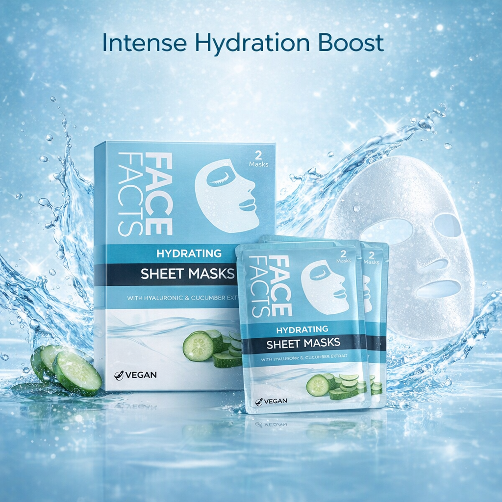 Face Facts Hydrating Sheet Masks with hyaluronic acid and cucumber extract shown with water splash for intense hydration boost