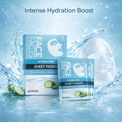 Face Facts Hydrating Sheet Masks with hyaluronic acid and cucumber extract shown with water splash for intense hydration boost
