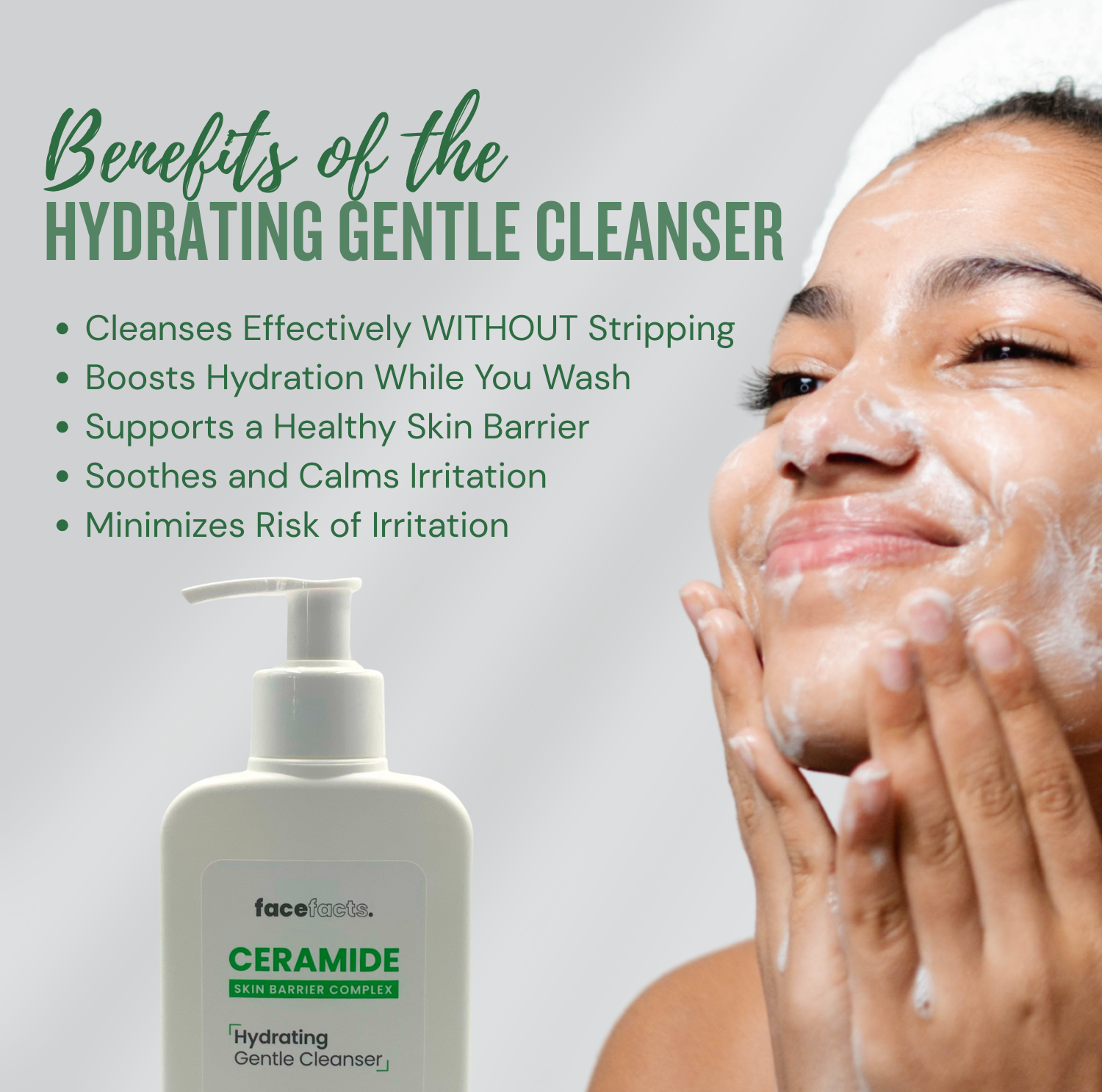 Face Facts ceramide hydrating gentle cleanser demonstrating foam texture and benefits for cleansing sensitive skin without stripping moisture.
