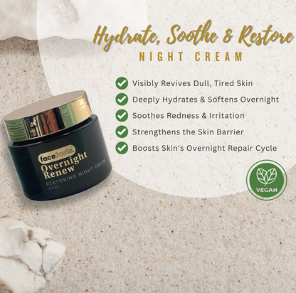 Face Facts Overnight Renew restoring night cream highlighting deep hydration, barrier strengthening and soothing overnight skin recovery.