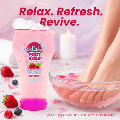 Feet soaking in water with Foot Factory very berry foot soak, creating a relaxing at home spa routine to refresh and soften feet.