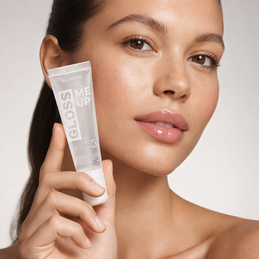 Model holding clear lip gloss with glossy hydrated lips and natural glow makeup look