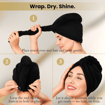 Step by step guide showing how to use hair towel wrap after hair mask to absorb moisture without heat or frizz.