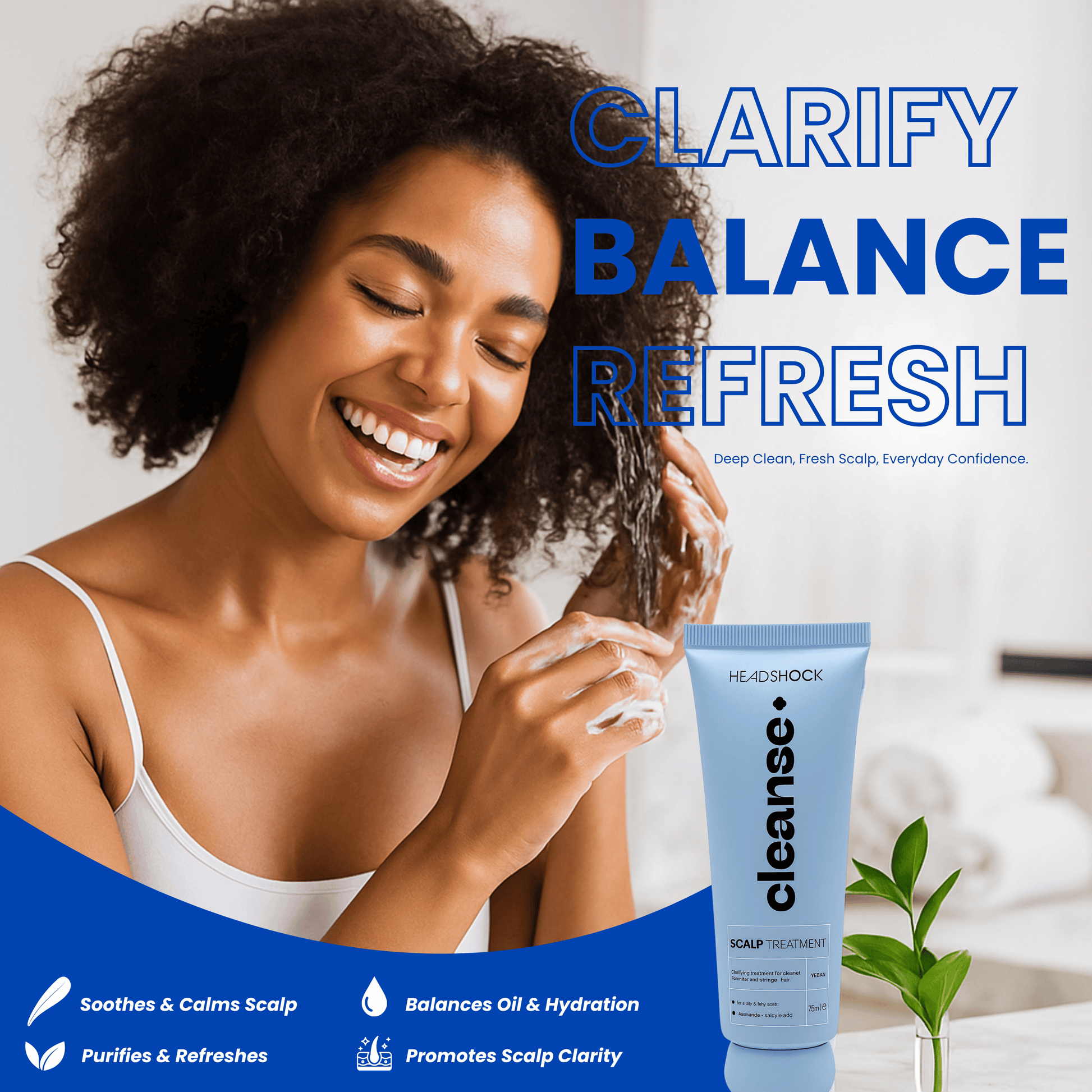 Model using Headshock cleanse scalp treatment to clarify the scalp, balance oil levels and support refreshed, healthy looking hair.