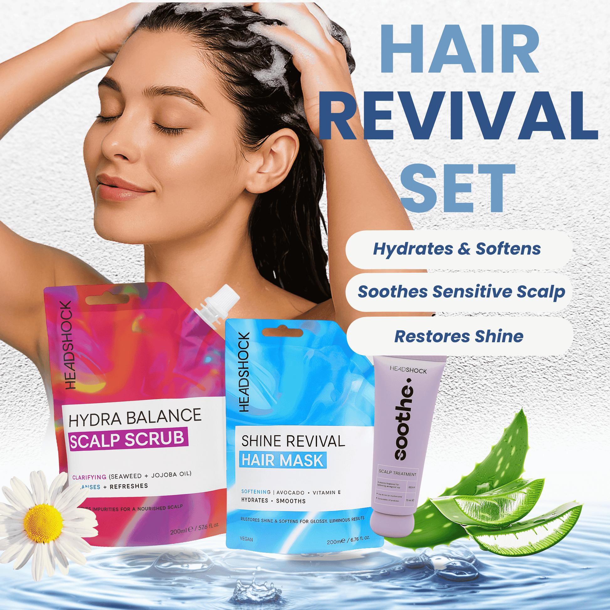 Lifestyle image of model using Headshock hair revival set showing scalp cleansing and hydrating hair care routine.