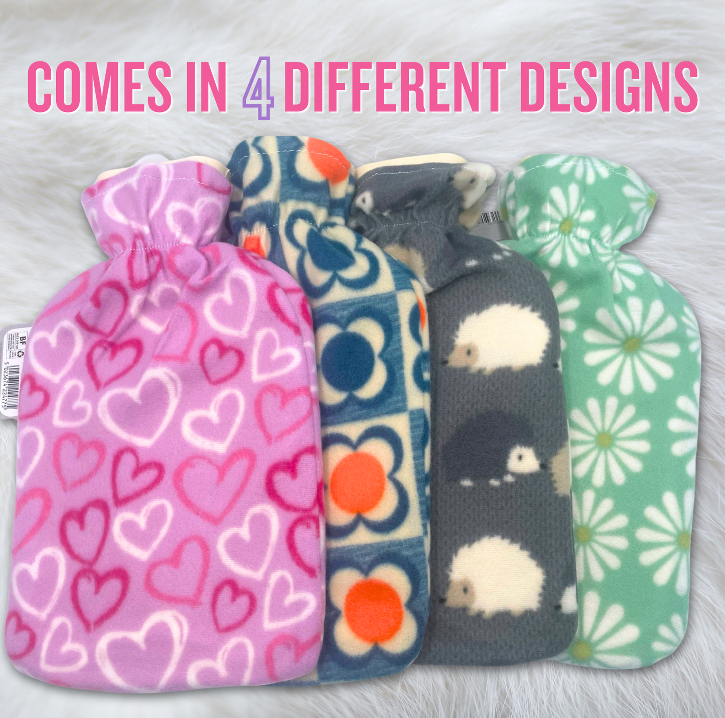 Hot water bottle available in multiple soft fabric designs for comfort and warmth