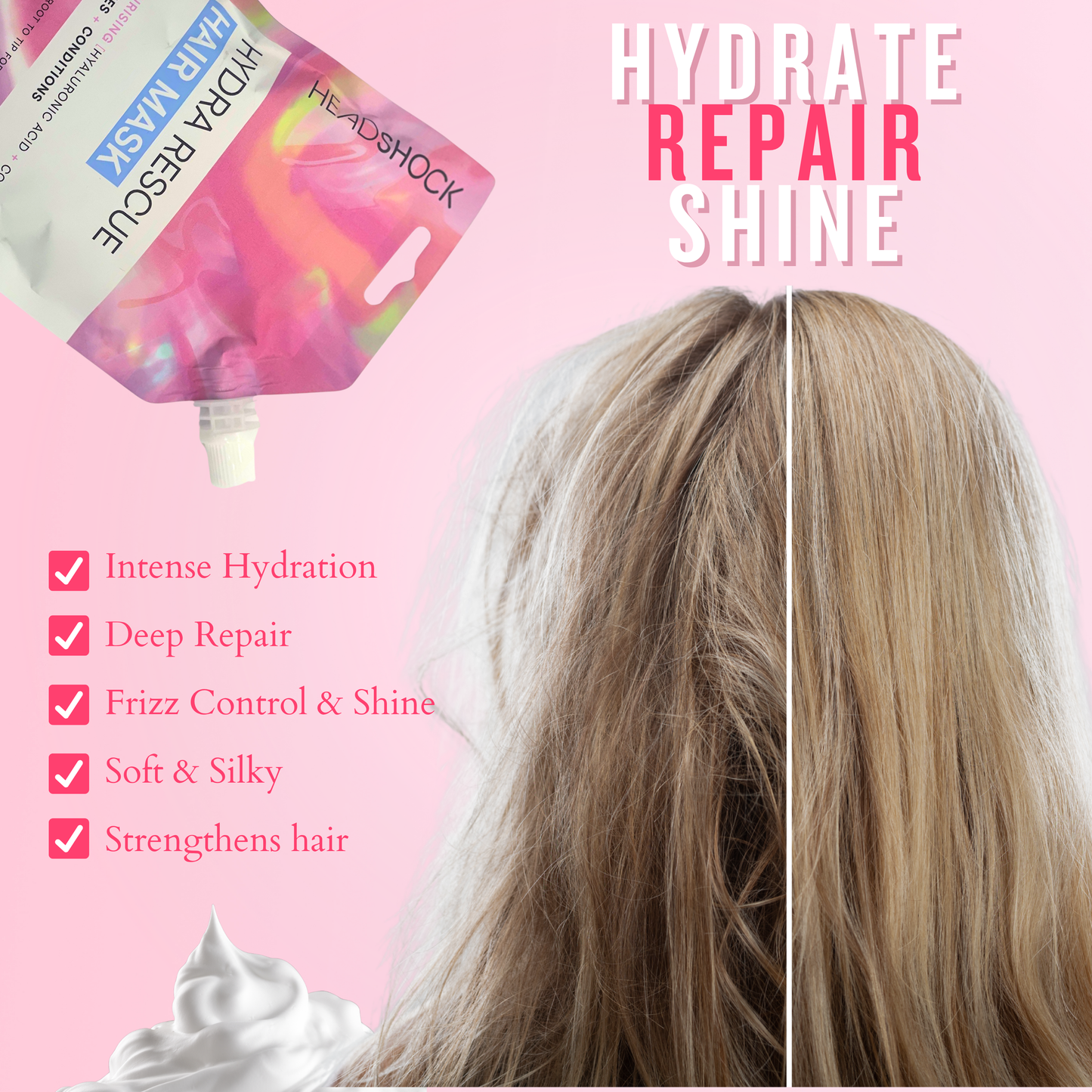 Before and after results of hydra rescue hair mask showing smoother, shinier and less frizzy hair