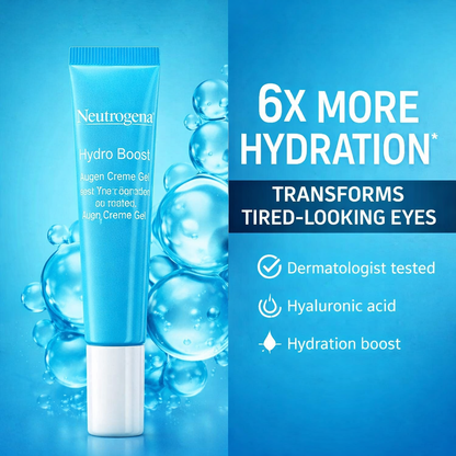 Neutrogena Hydro Boost eye cream gel shown with hydration bubbles highlighting moisturising benefits