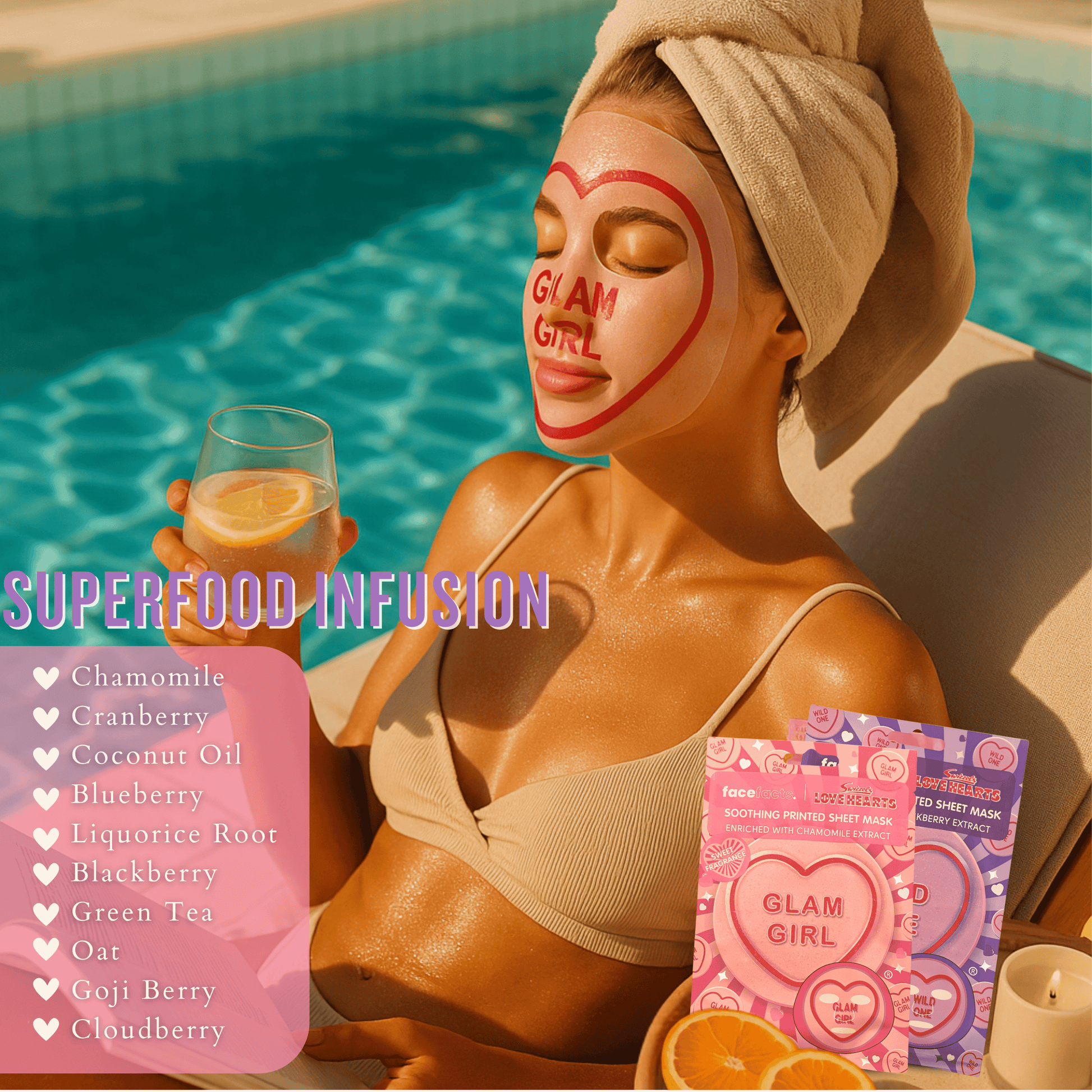 Printed sheet face mask pamper routine enriched with fruit extracts for glowing hydrated skin