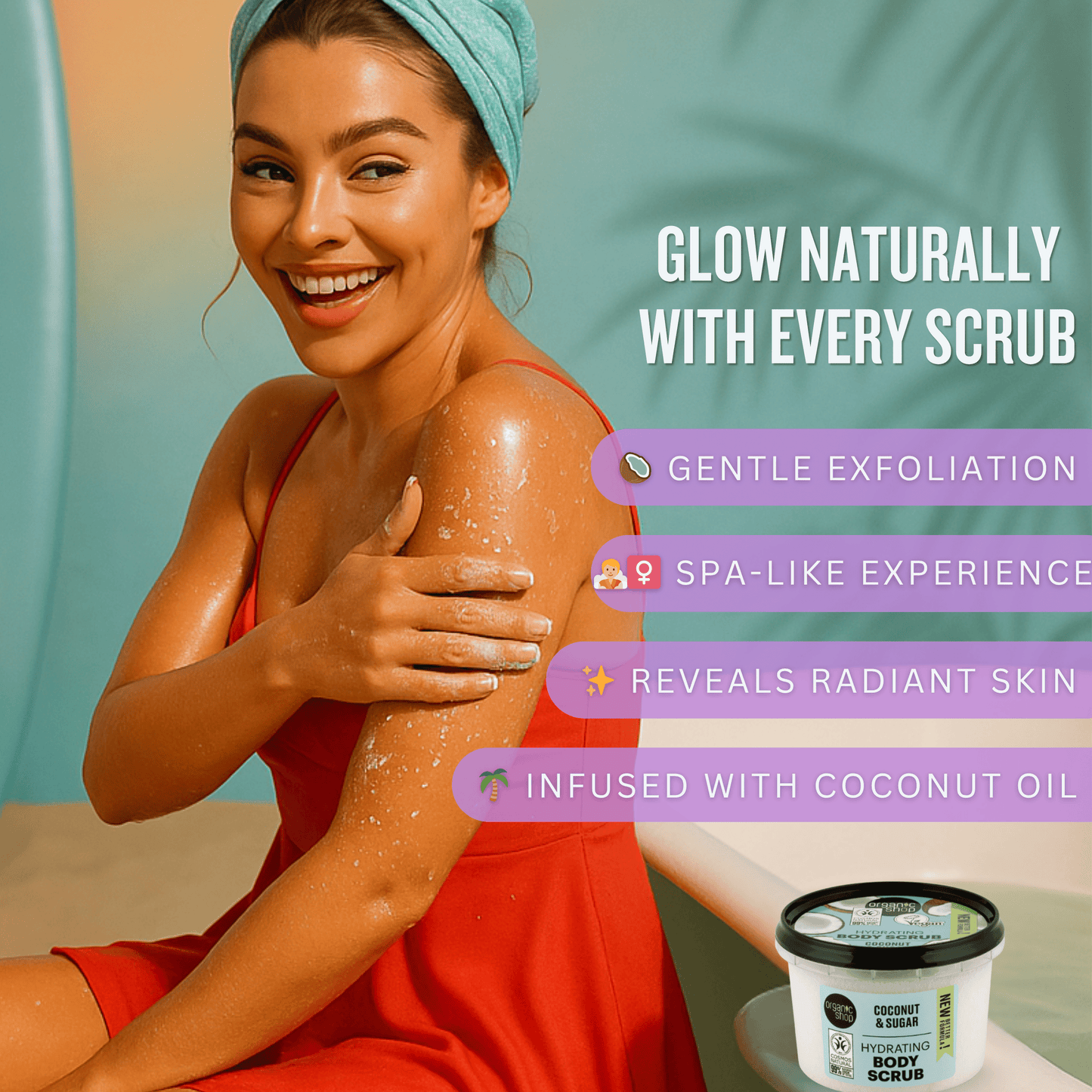 Model exfoliating skin with SolKiss coconut and sugar body scrub to prep skin for smooth self tan results