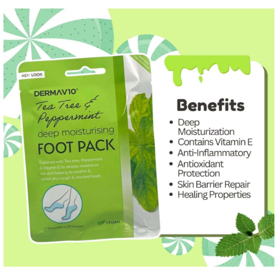Tea tree and peppermint foot pack formulated to deeply moisturise feet and refresh tired skin