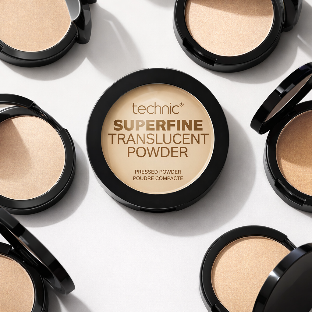 Technic Superfine Translucent Powder arranged in a flat lay showcasing pressed powder texture and packaging