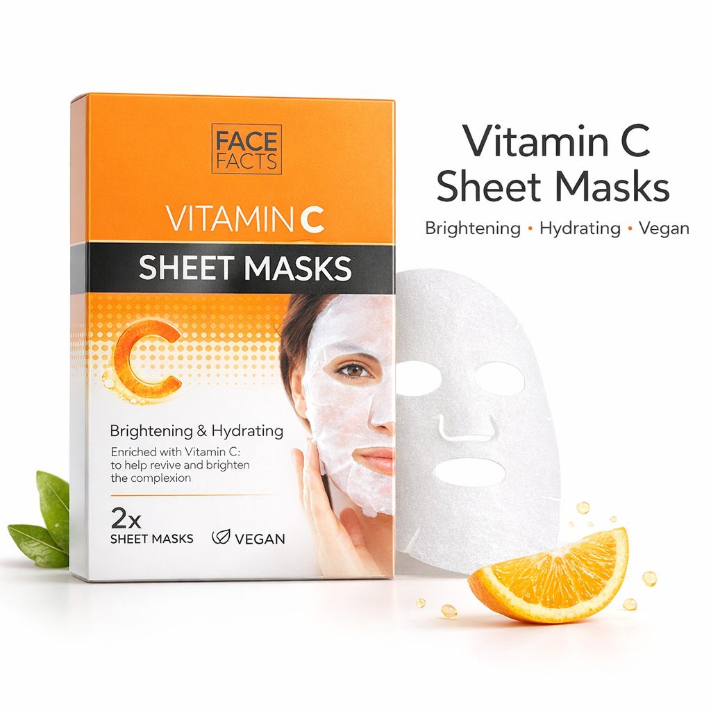 Face Facts Vitamin C sheet masks with orange slice for brightening, hydrating and vegan skincare treatment