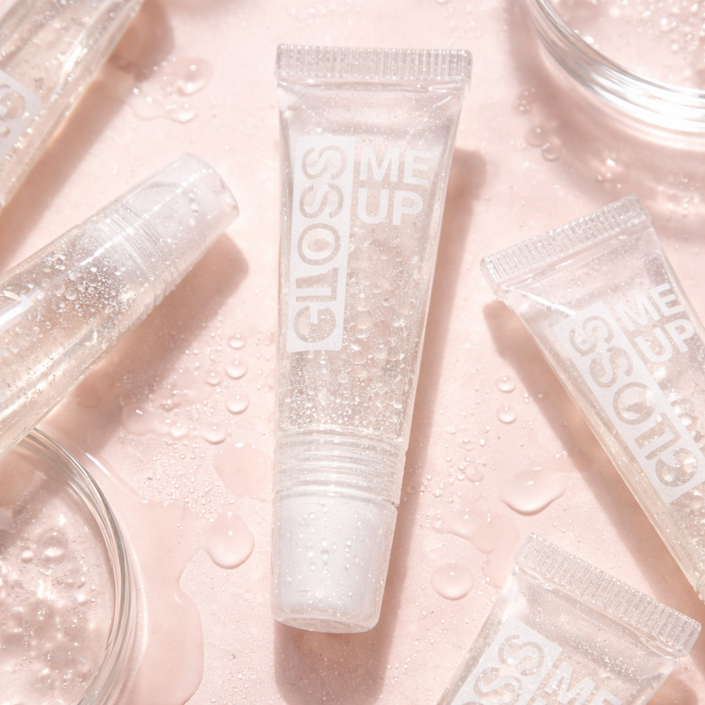 Clear lip gloss tubes displayed in a flat lay highlighting glossy hydrating texture