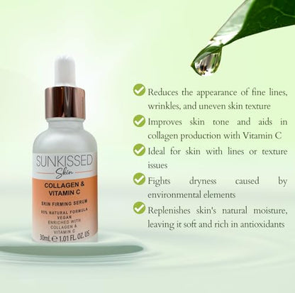 Collagen and vitamin C serum displaying skincare benefits such as improved skin tone, hydration, and smoother looking skin