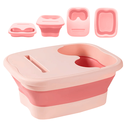 Collapsible foot spa bath with removable lid, compact folding foot soak tub for home pedicure and relaxation in pink