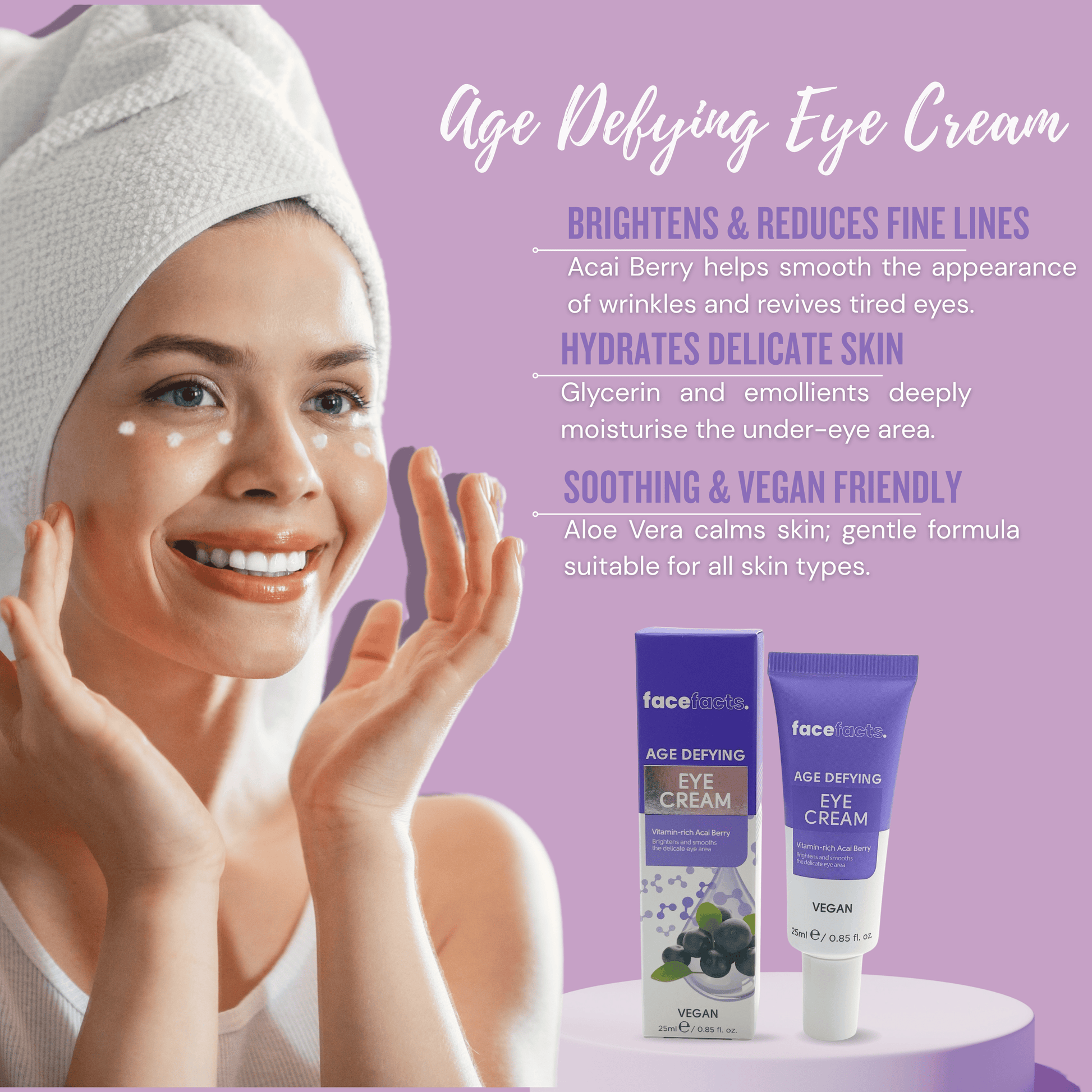 Woman applying Face Facts age defying eye cream to under-eye area, designed to hydrate delicate skin and smooth fine lines.