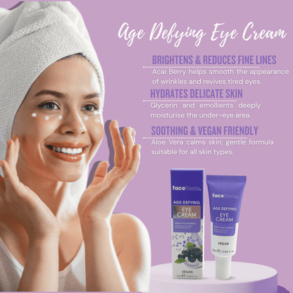 Woman applying Face Facts age defying eye cream to under-eye area, designed to hydrate delicate skin and smooth fine lines.