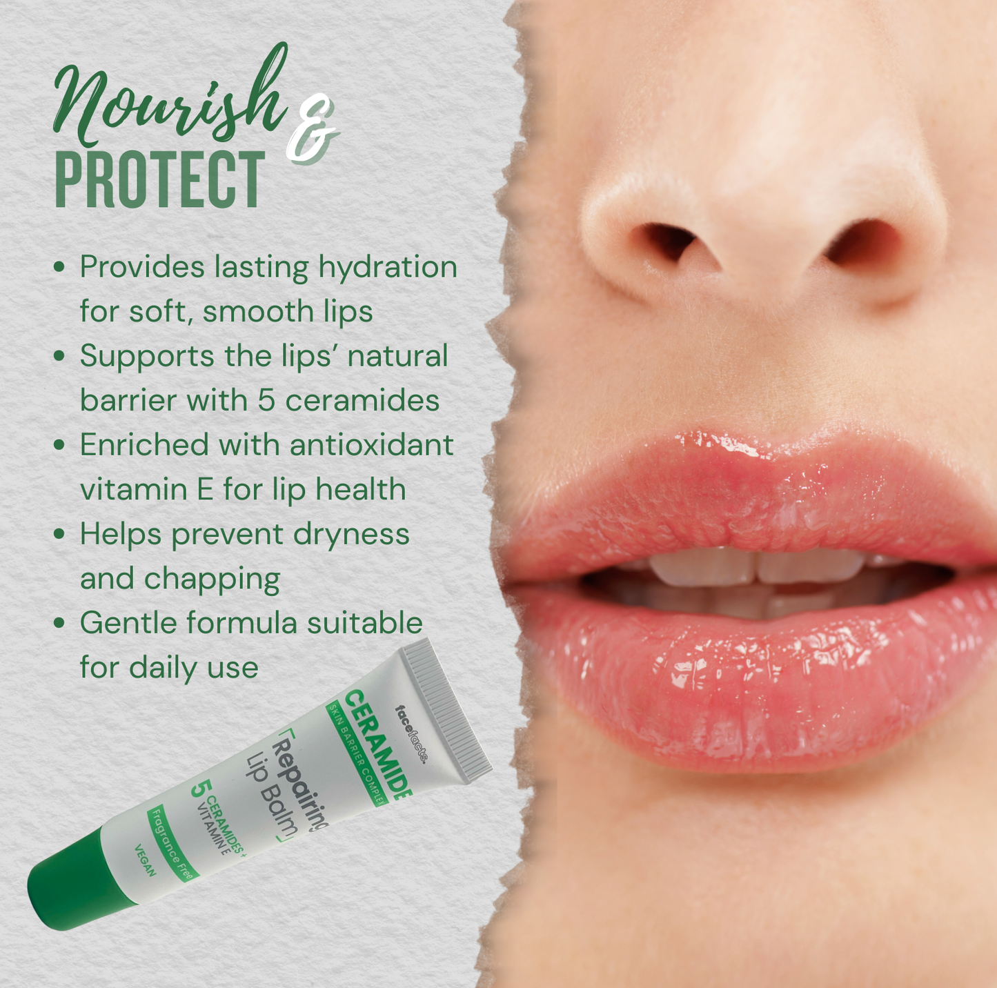Face Facts ceramide repairing lip balm showing glossy lips and benefits for hydration, barrier protection and daily sensitive lip care.