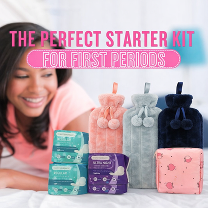 Complete first period starter kit with sanitary towels, hot water bottle, and pouch for teen girls beginning menstruation