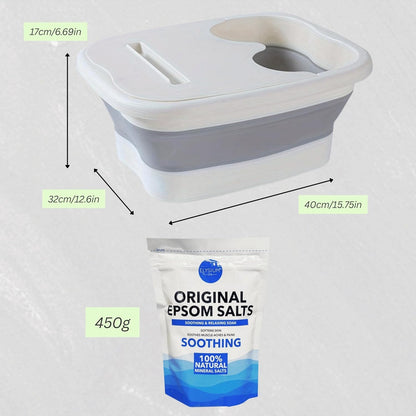 Foldable foot spa bath size guide showing dimensions capacity and compact design
