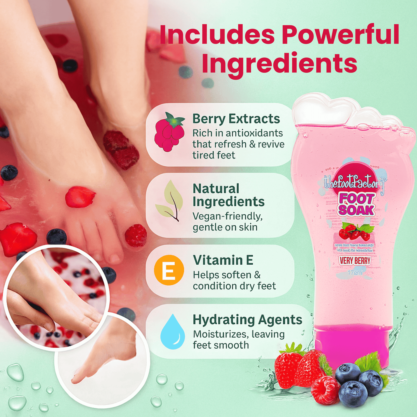 Foot Factory very berry foot soak shown with berry extracts and hydrating agents, designed to revive tired feet and smooth skin.