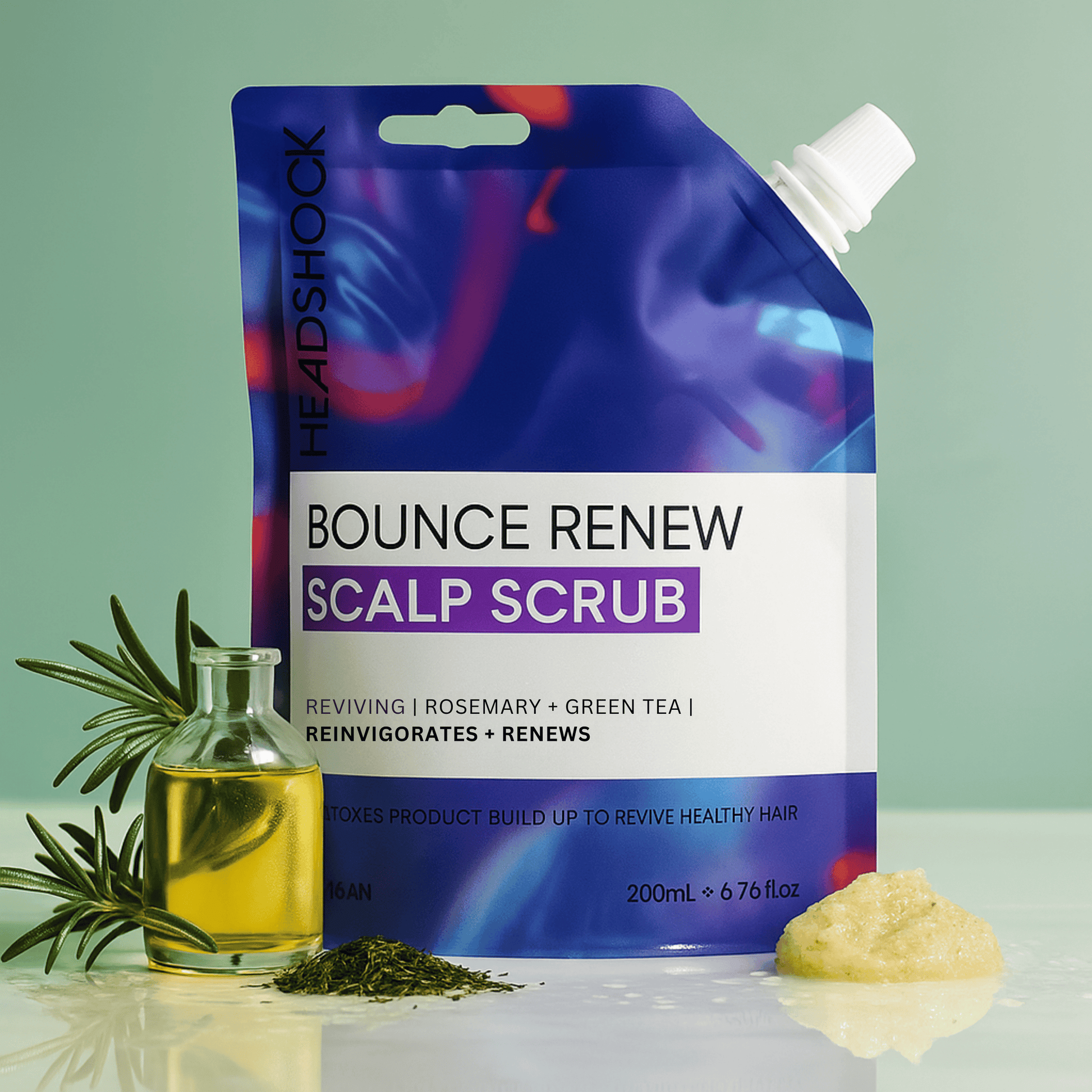 Headshock bounce renew scalp scrub with rosemary and green tea, designed to exfoliate buildup and refresh the scalp.