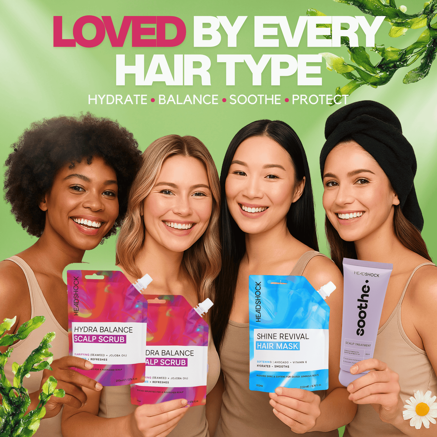 Headshock hair revival set benefits image highlighting hydration, scalp soothing and shine restoration with botanical ingredients.