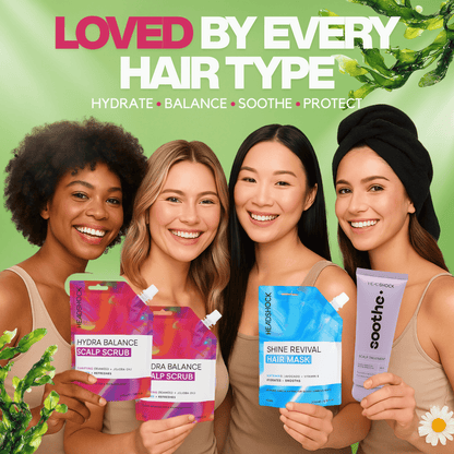 Headshock hair revival set benefits image highlighting hydration, scalp soothing and shine restoration with botanical ingredients.