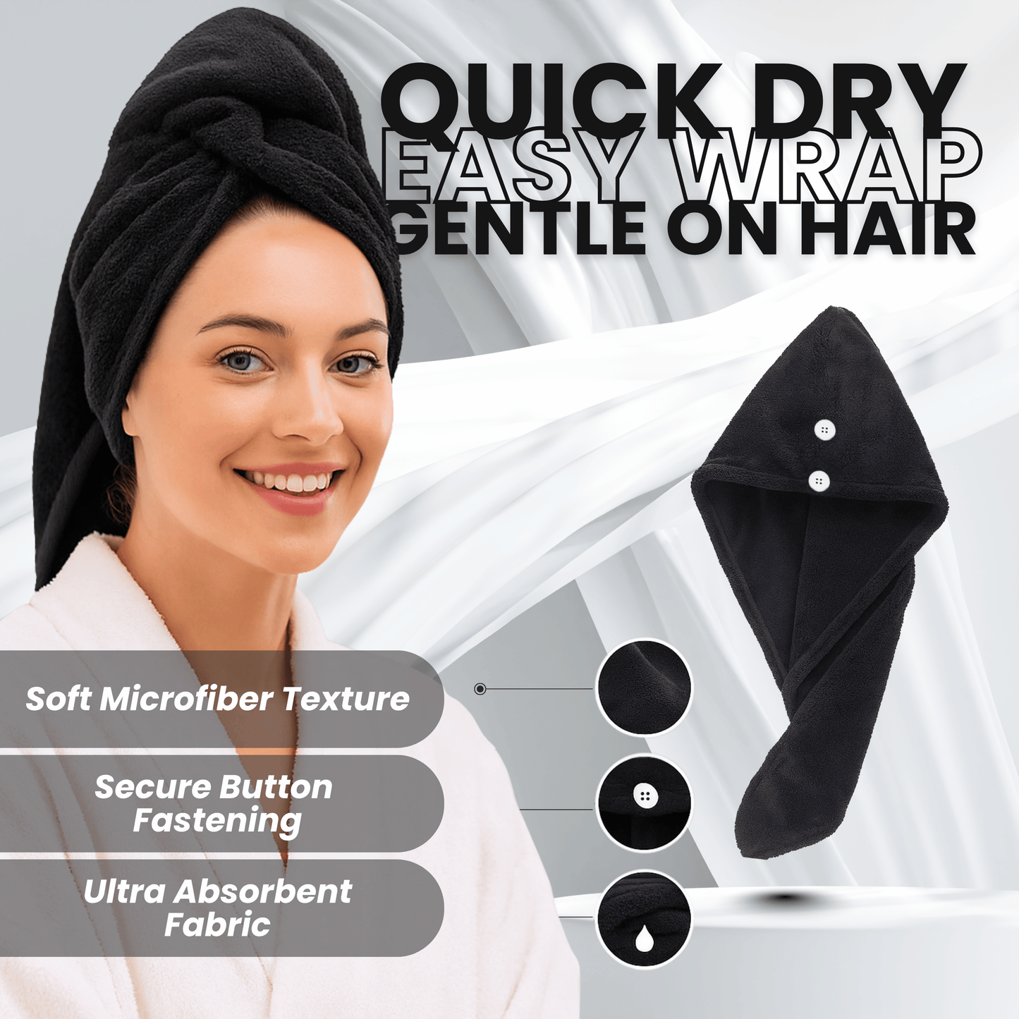 Black microfiber hair wrap towel from Headshock scalp revival set showing secure button fastening and quick dry, ultra absorbent fabric.