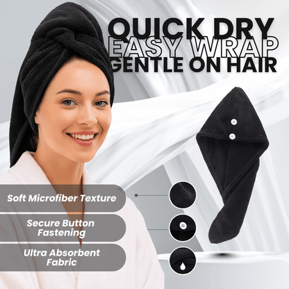 Black microfiber hair wrap towel from Headshock scalp revival set showing secure button fastening and quick dry, ultra absorbent fabric.