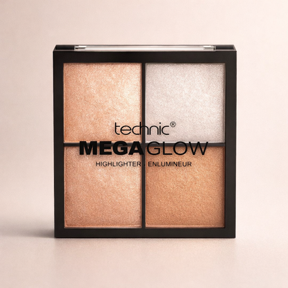 Highlighter palette with multiple shimmer shades displayed in a black compact on neutral background