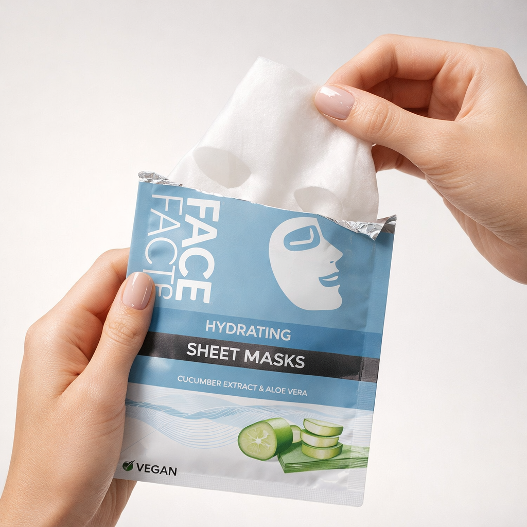 Hydrating sheet face mask being removed from packaging with cucumber and aloe vera ingredients