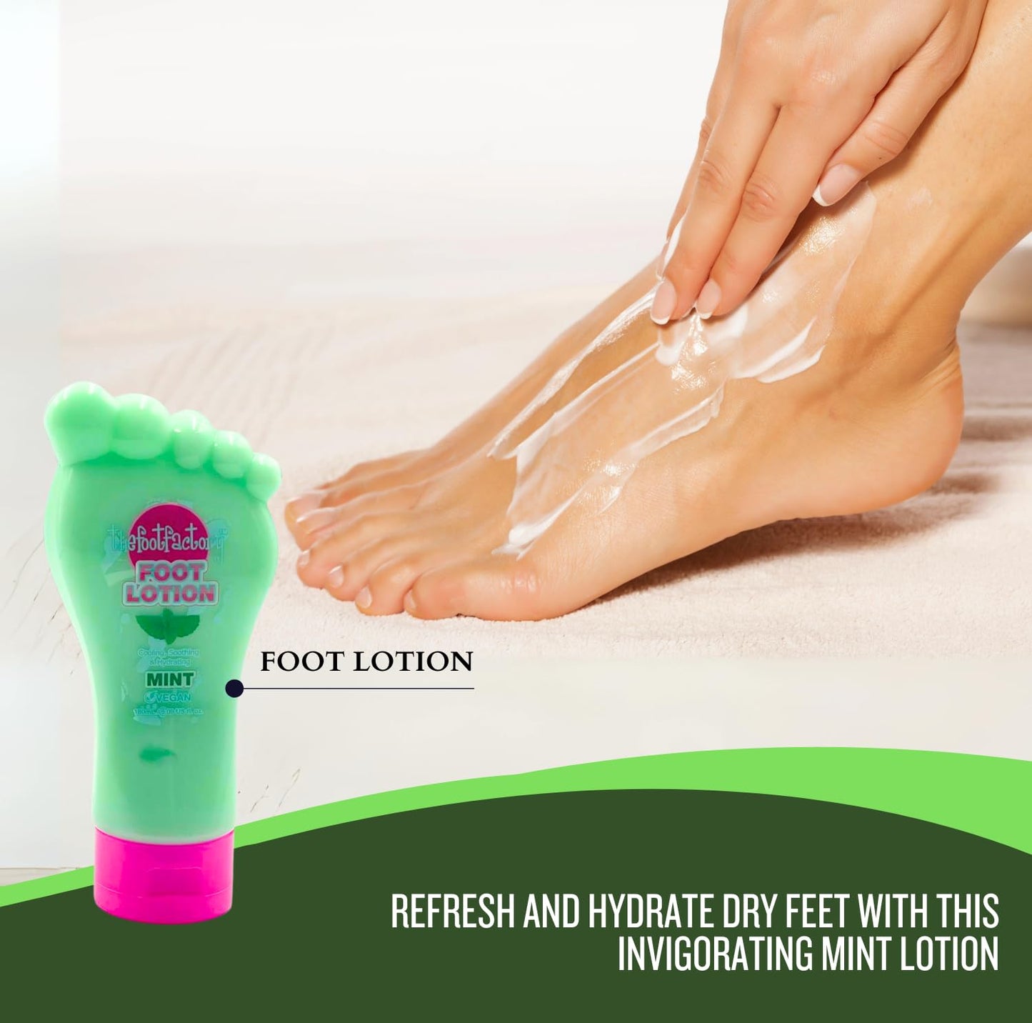 Mint foot lotion being applied to dry feet to hydrate, refresh, and soften skin during an at-home foot care routine.