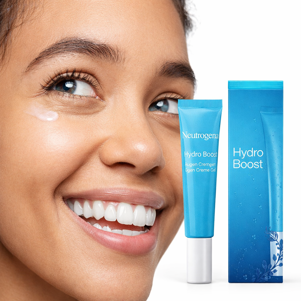 Model smiling while applying Neutrogena Hydro Boost eye cream under the eye area