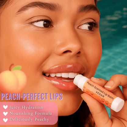 Peach scented vegan lip balm providing juicy hydration nourishing care and glossy finish