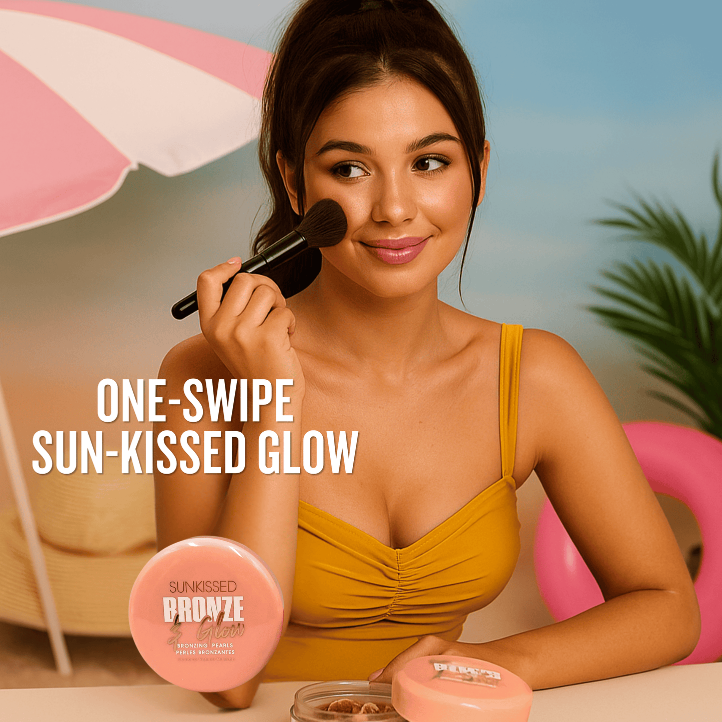 Sunkissed bronze and glow bronzing pearls applied with brush for instant sun kissed makeup finish