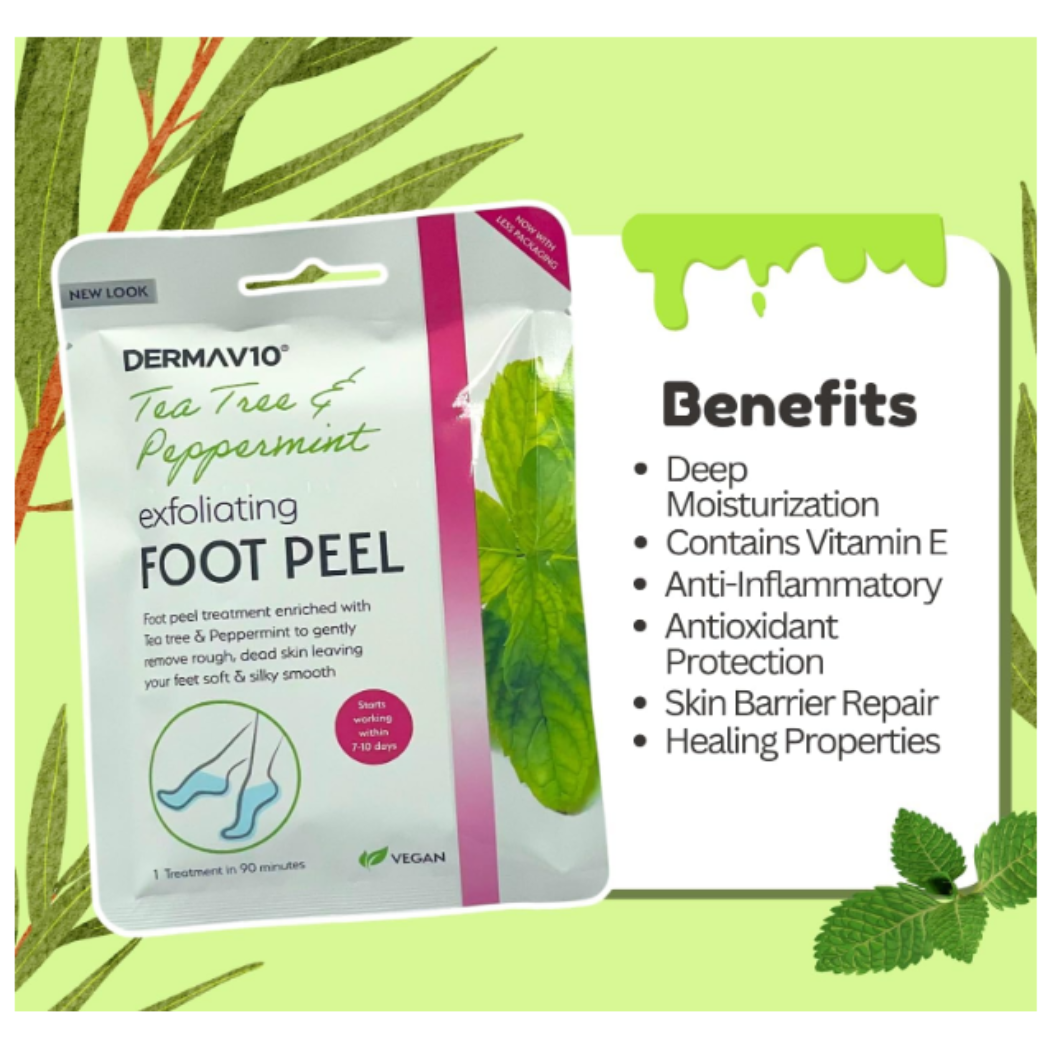 Tea tree and peppermint exfoliating foot peel treatment to remove dead skin and improve foot texture