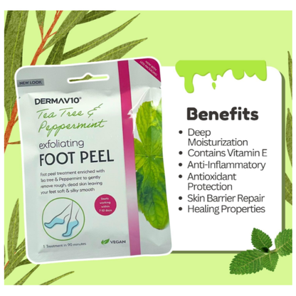 Tea tree and peppermint exfoliating foot peel treatment to remove dead skin and improve foot texture