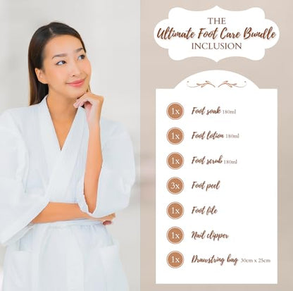 Ultimate foot care bundle showing included foot soak, scrub, lotion, foot peel masks, foot file, nail clipper and drawstring bag