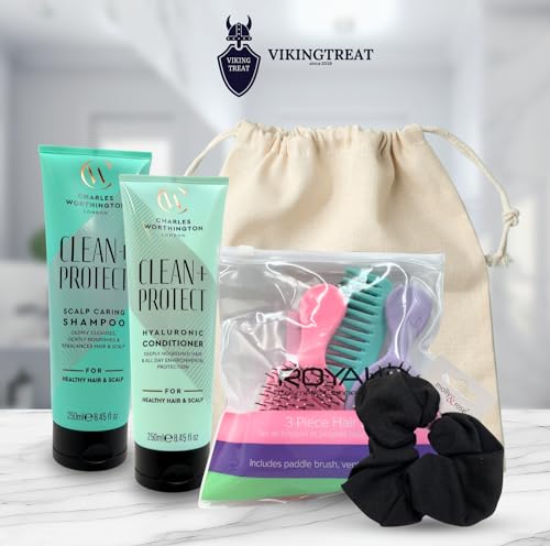 VikingTreat hair care gift set with Clean + Protect shampoo, conditioner and styling accessories displayed in a lifestyle setting