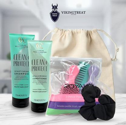 VikingTreat hair care gift set with Clean + Protect shampoo, conditioner and styling accessories displayed in a lifestyle setting