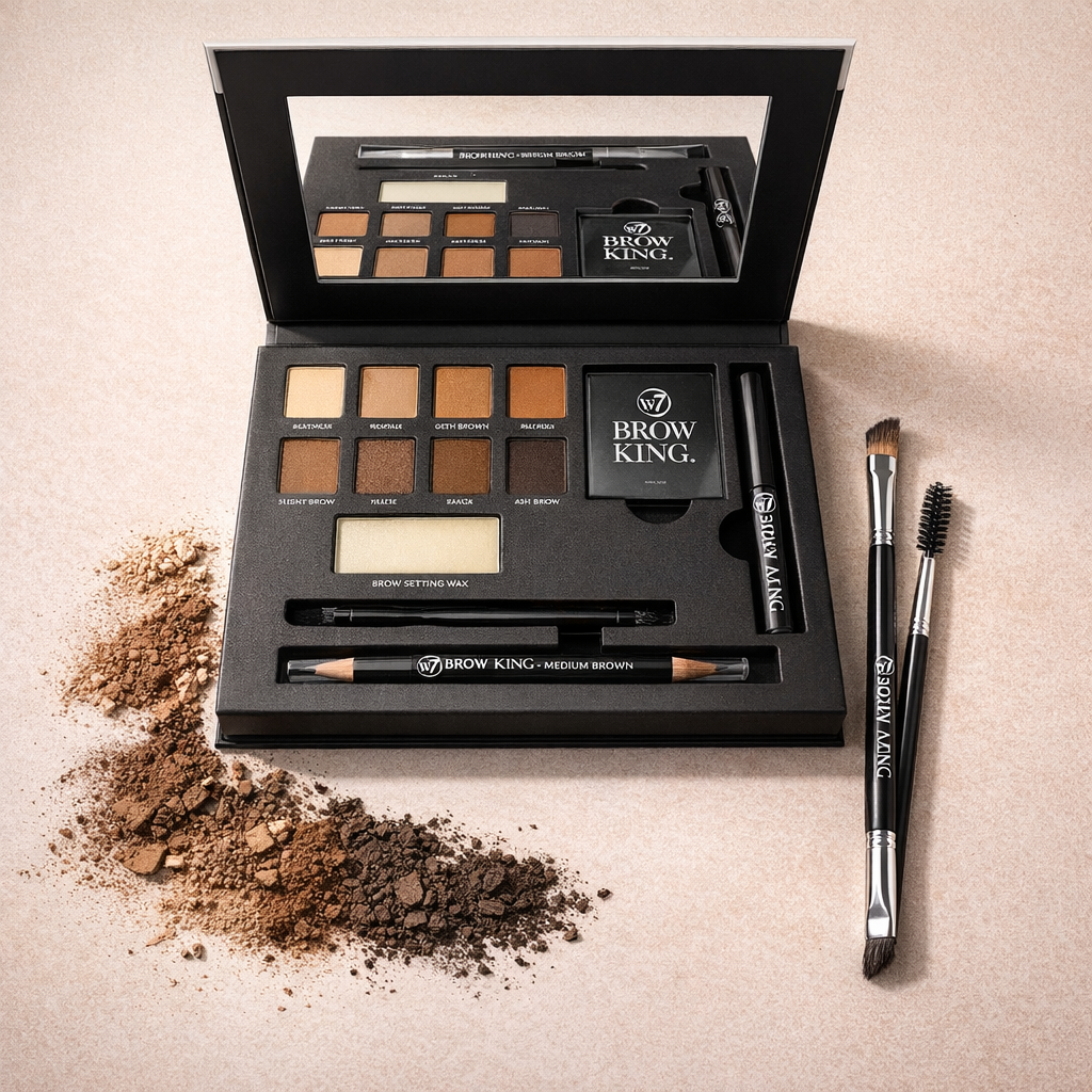 Open W7 Brow King palette displaying multiple eyebrow powder shades, wax and brow tools