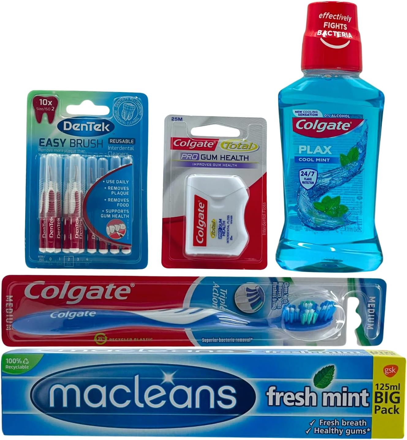 Dental Health Care Bundle of Toothbrush, Toothpaste, Mouthwash, Floss, Interdental Cleaners for Everyday use