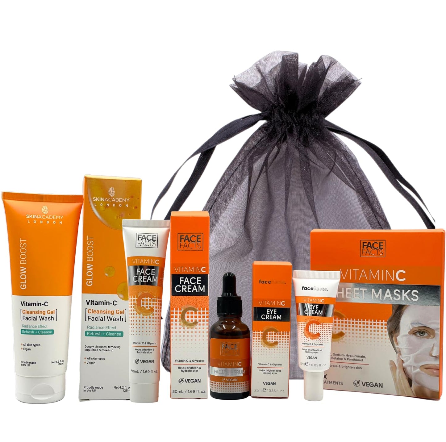 Skincare Gift Set - Vitamin C Serum Skin Care Sets & kits - Pamper Gifts for Women - Includes Face Cleanser, Face Serum, Face Cream, Eye Cream, Sheet Masks, Spa Headband - Anti-Aging Daily Skin Care