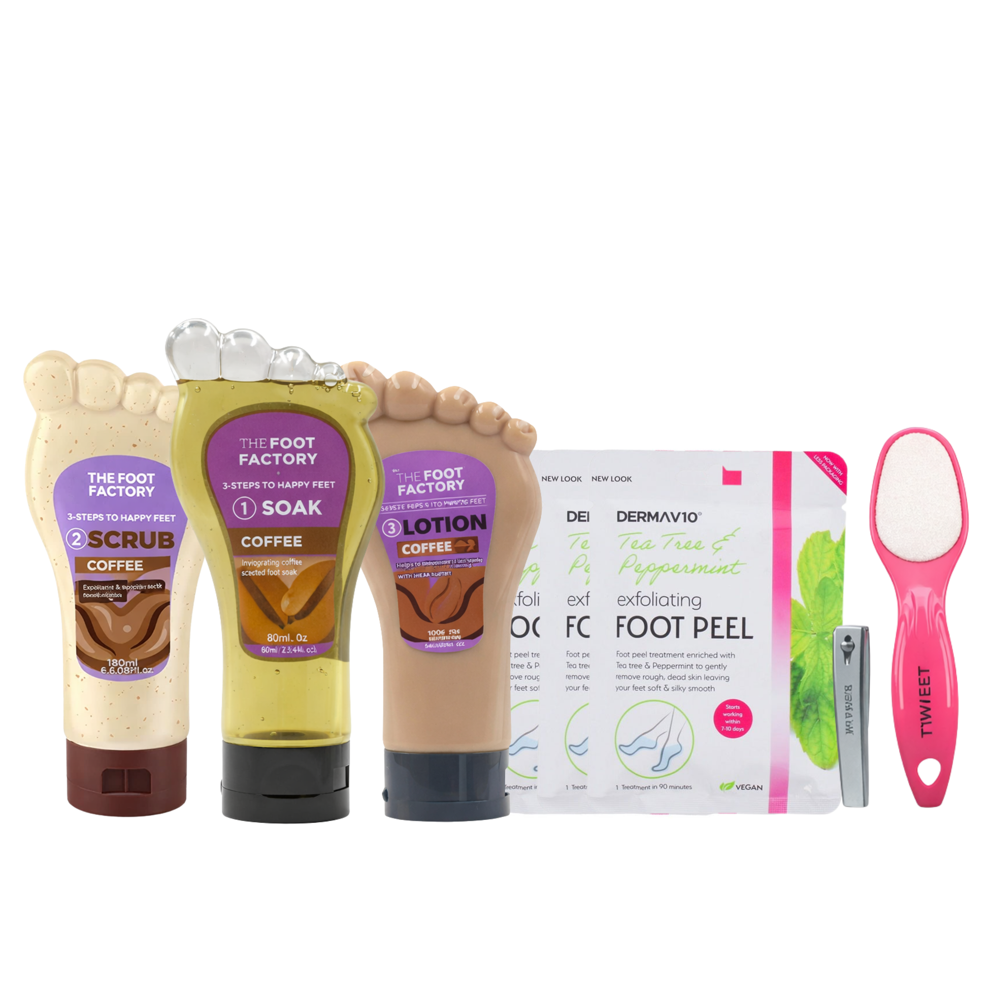 Coffee foot care bundle with exfoliating foot scrub, invigorating foot soak, nourishing foot lotion, foot peel masks and pedicure tools